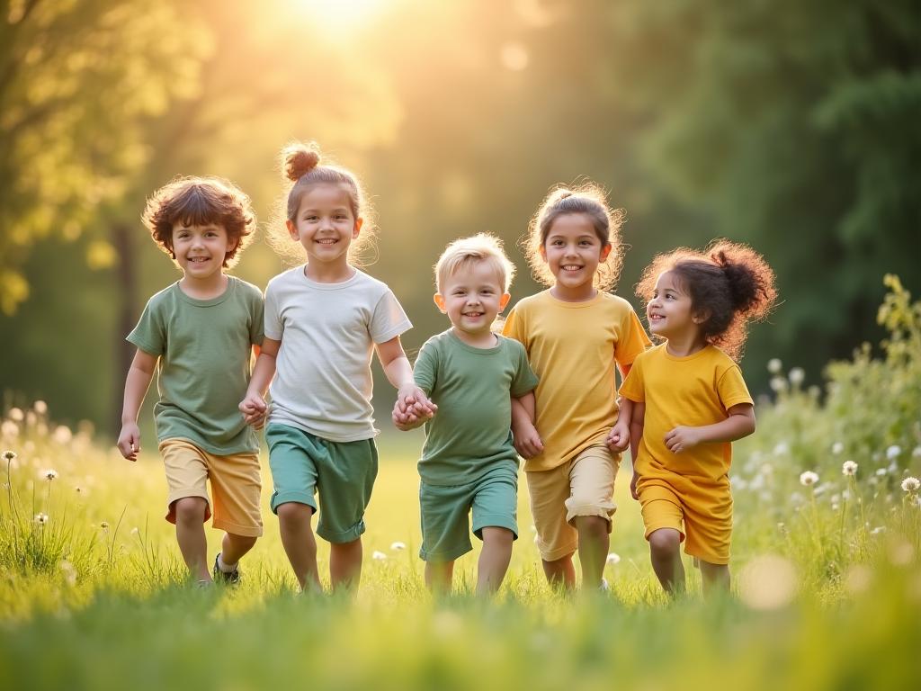 Niños felices usando ropa orgánica de algodón certificado GOTS